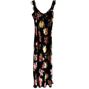 Jonathan Martin Floral Maxi Dress Scoop Neck Ruffle Trim Adjustable Black Medium